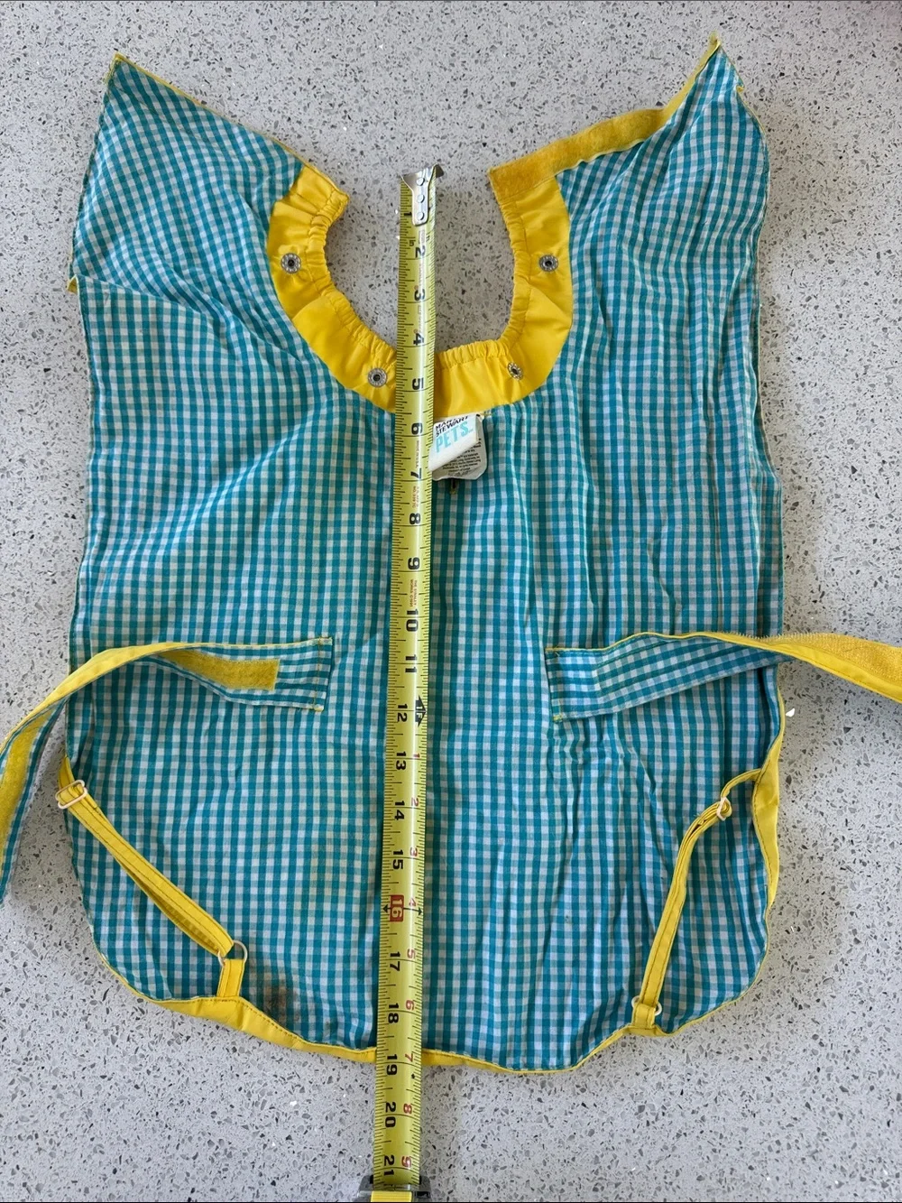 Martha Stewart Yellow exterior and Aqua Gingham lining  dog raincoat.